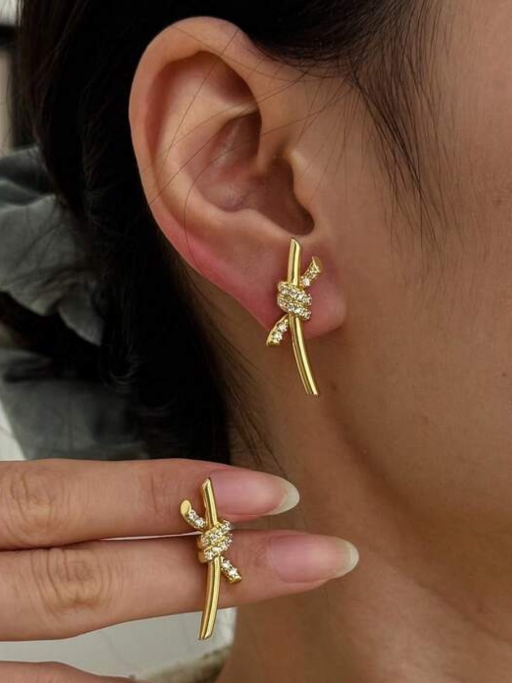 Gold Knot Crystal Drop Stud Earrings - Women's Jewelry